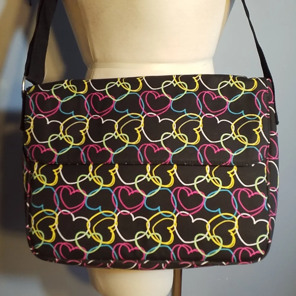 CLAIRE'S NWT MESSENGER/LAPTOP BAG Padded Black Neon Hearts Adj Strap New